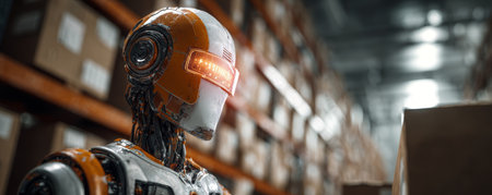 Futuristic robot warehouse orange shelf package storage neon visor humanoid industrial technologyの素材