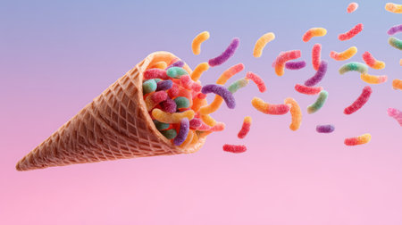 Colorful gummy worms spilling from waffle cone against pastel gradient background, playful candy explosion and sweet texture delightの素材