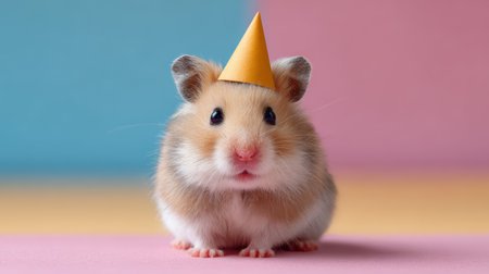Cute hamster wearing party hat on pastel background, small pet sitting on colorful surface with soft lightingの素材