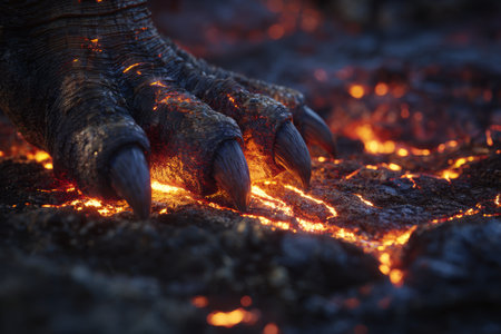 Molten rock paw with glowing lava cracks, scorched claw touching hot volcanic surface, dramatic fiery texture and intense heatの素材