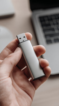 Hand holding silver usb flash drive near laptop keyboard, portable metal storage with cap and usb connector, closeup technology accessoryの素材