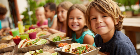 Smiling child enjoying taco meal with friends at outdoor wooden table, festive casual gathering under green foliageの素材
