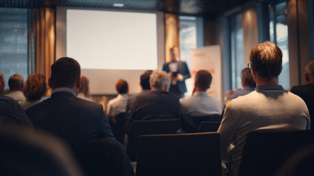 Conference attendees listening to presenter in modern meeting room with projection screen, warm lighting, focused atmosphereの素材
