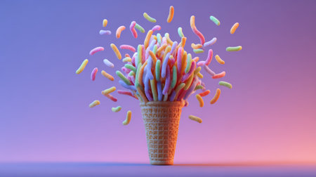 Colorful candy sprinkles bursting from wafer cone against gradient background, playful bright treat and festive textureの素材