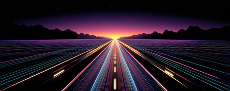Neon highway sunset horizon mountains futuristic road perspective vibrant lights glowing night driveの素材