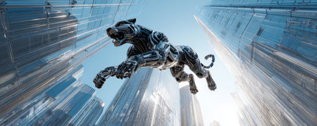 Futuristic robotic panther leaping between glass skyscraper towers with dramatic sunlight and dynamic motionの素材
