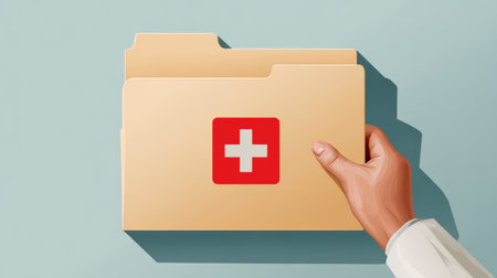 Medical record folder with red cross icon held by hand on blue background conveying urgent health information and careの素材