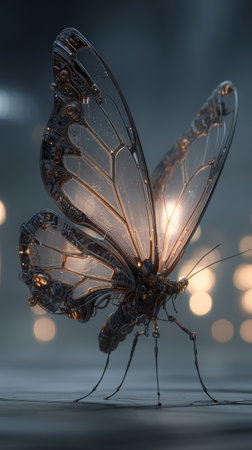 Glass mechanical butterfly with glowing inner light and delicate metallic wings in soft bokeh backgroundの素材