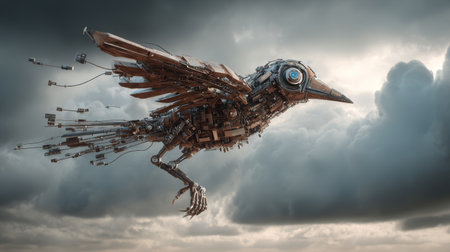 Mechanical bird flying through cloudy sky, steampunk robotic crow with metal wings and exposed wiringの素材