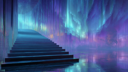 Dreamlike staircase leading through glowing aurora sky with reflective water and serene purple teal atmosphereの素材