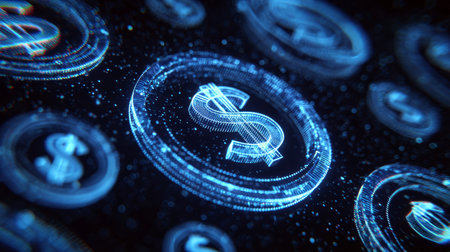 Digital dollar hologram coin glowing in blue with futuristic particle network conveying financial technology optimismの素材