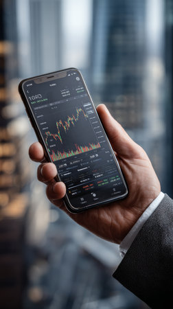 Stock market chart on mobile phone held by businessman showing trading candlestick graph and volume bars with urban office backgroundの素材