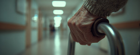 Elderly hand gripping walker in hospital corridor, conveying frailty and quiet determinationの素材