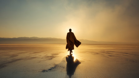 Solitary monk walking toward sunrise silhouette reflection desert salt flat golden lightの素材