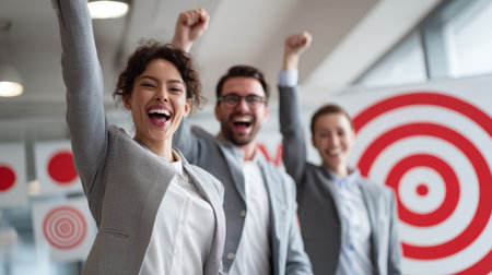 Successful business team celebrating victory with raised arms and smiling faces in modern officeの素材