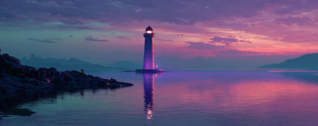 Lighthouse sunset sea reflection rocky coast calm water twilight beacon lighthouse rocky coast guiding ships purple sunset sky with calmの素材