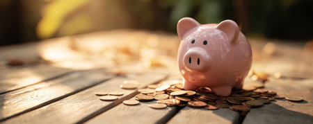 Pink piggy bank on wooden table with scattered coins and warm sunlight evoking saving, budgeting and financial planningの素材