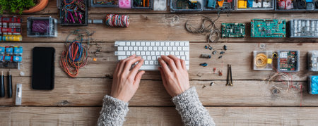 Hands typing on keyboard amid electronic components and wiring on wooden workbench, focused hobbyist workspace with warm moodの素材