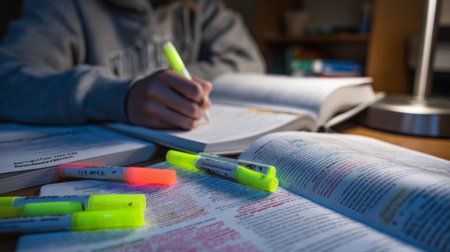 Student studying at desk with open textbooks highlighted notes and highlighter pens creating focused late night study sceneの素材