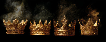 Golden royal crown collection with rising smoke and dramatic lighting, ornate metalwork and antique texture evoking regal power and mysteryの素材
