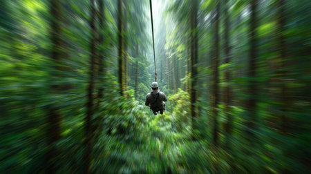 Zipline rider soaring through lush green rainforest canopy with motion blur and adventurous moodの素材