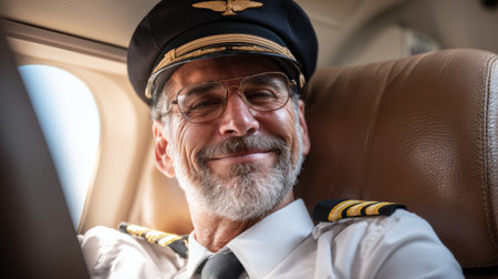 Smiling pilot captain mature male beard eyeglasses uniform airplane cabin window light seatの素材