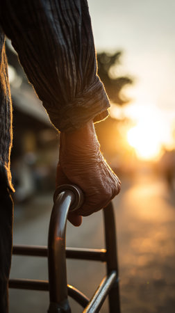 Elderly hand gripping walker handle at sunset, warm light and textured skin conveying resilience and quiet emotionの素材