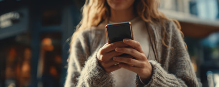 Young person holding smartphone outdoors in sweater texting with warm evening light and blurred city backgroundの素材