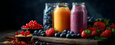 Fresh berry smoothie jars with strawberries blueberries and currants on wooden board evoking vibrant healthy breakfast sceneの素材