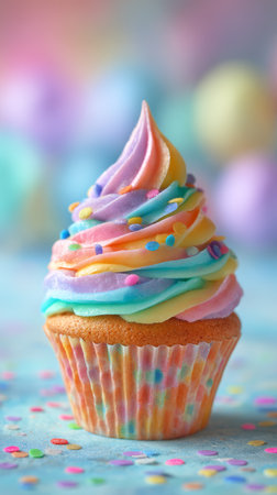 Colorful rainbow cupcake with swirled pastel frosting and confetti sprinkles on soft background evoking joy and celebrationの素材