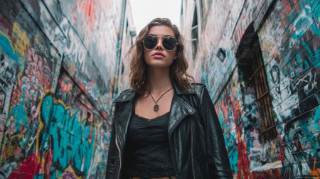 Young woman in leather jacket and sunglasses standing in colorful graffiti alley, confident urban style and moody attitudeの素材