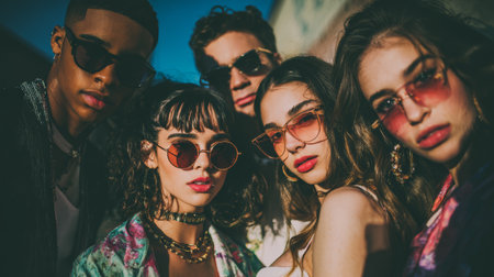 Young diverse friends wearing sunglasses and trendy jewelry posing outdoors with confident expressions, warm sunlight and vibrant fashionの素材