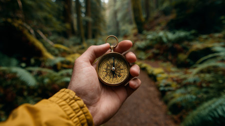 Old brass compass hand forest moss trail ferns navigation exploration travel adventureの素材