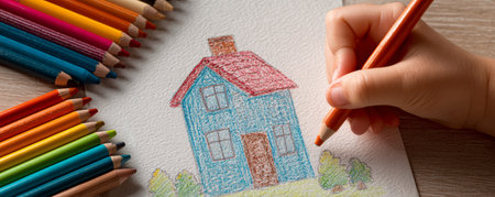 Child drawing of blue house with red roof colored pencil on paper, cozy playful scene showing creativity and childhood joyの素材