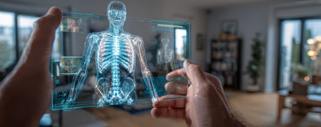 Transparent tablet displaying holographic human skeleton with glowing spine and ribcage in living roomの素材