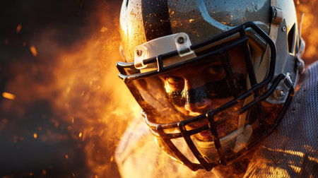 American football player with helmet and face paint running through sparks and smoke, intense action and fiery atmosphereの素材