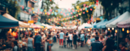 Bustling street market outdoor festival people crowd colorful bunting vendor tents evening lightsの素材