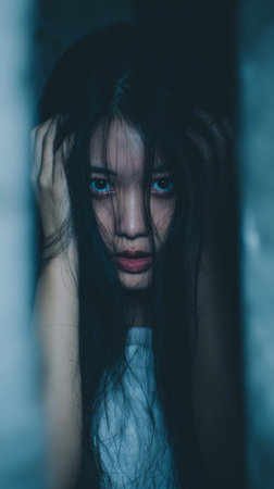 Young woman portrait with long dark hair and intense blue eyes, moody low light expression conveys fear and vulnerabilityの素材
