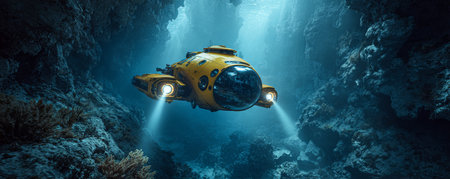 Yellow research submersible exploring underwater cave illuminated by spotlights, mysterious adventurous moodの素材