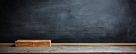 Blank classroom chalkboard with wooden eraser on worn desk evoking nostalgia and simple learning atmosphereの素材