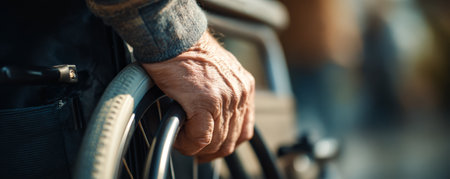 Elderly hand gripping wheelchair wheel in warm light conveying resilience and quiet determinationの素材
