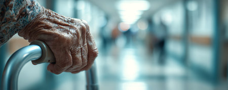 Aging hand gripping walker handle in hospital corridor, conveying resilience and quiet determinationの素材