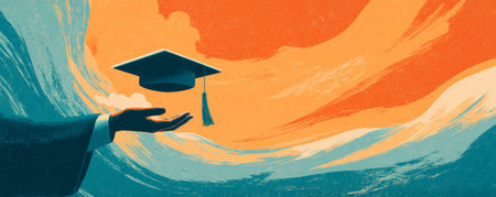 Graduation cap being tossed over outstretched hand against abstract orange and teal sky, celebrating achievement and hopeful transitionの素材