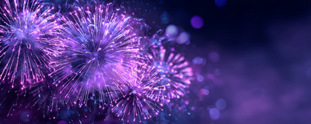 Sparkling purple fireworks burst over night sky with bokeh lights and festive atmosphereの素材