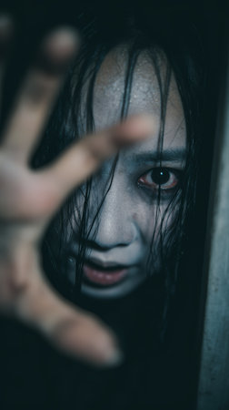 Pale frightened woman reaching toward camera with wet hair and dark eye makeup, eerie mood and low lightの素材