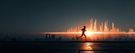Silhouette runner at sunrise on rooftop with glowing city skyline and soundwave light effect, energetic and hopeful urban fitness sceneの素材