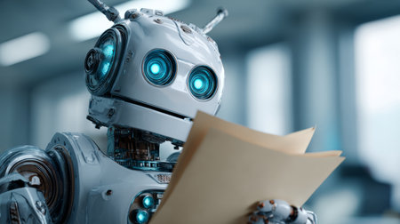 Friendly robot reading document in modern office with soft lighting and focused expressionの素材