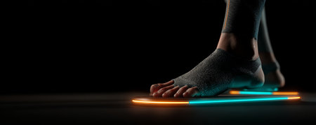 Foot with breathable sock stepping on illuminated futuristic fitness mat, dynamic low light mood with neon glowの素材