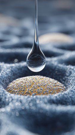 Glass droplet suspended above textured surface with golden bubble cluster, macro, calm reflective moodの素材
