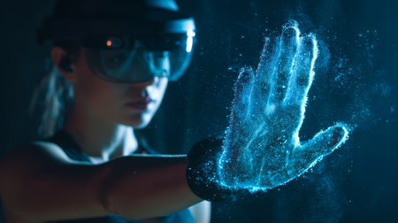 Futuristic holographic hand augmented reality virtual interface blue glow female wearing headset gesture controlの素材